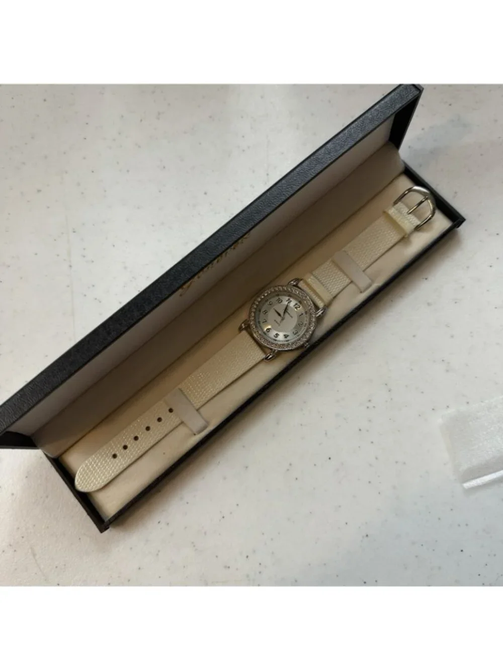 GENEVEX Cubic Zirconia Case MOP Dial ~ White Leather Women’s Watch NWT